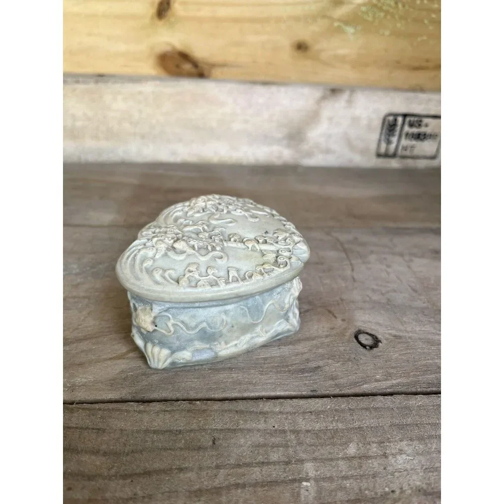 Vintage Genuine Incolay Blue Green Stone Heart Shape /Roses  Jewelry Trinket Box